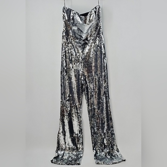 Dress The Population ANDY Silver Sequined Strapless Jumpsuit Rockstar Sexy Glam - Picture 11 of 17